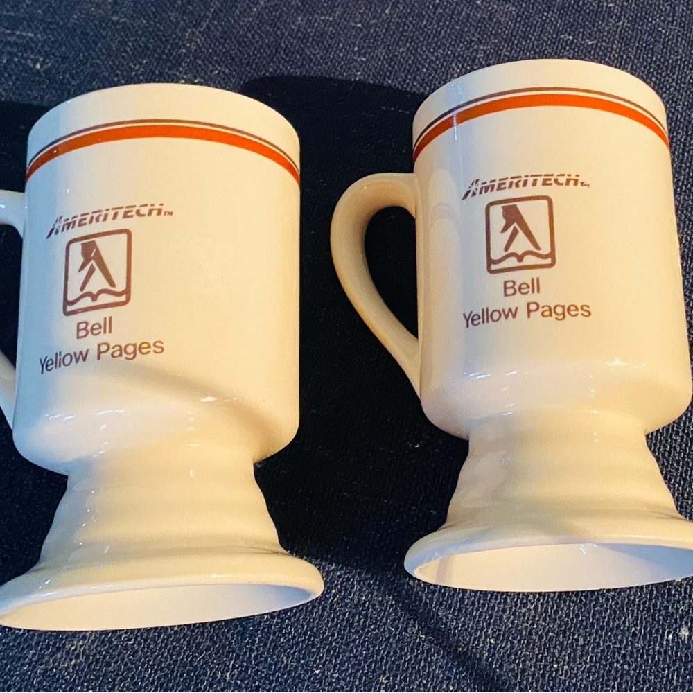 Ameritech 1980’s Publishing Pedestal Mug/Bell Yellow Pages Coffee Cup, set of 2